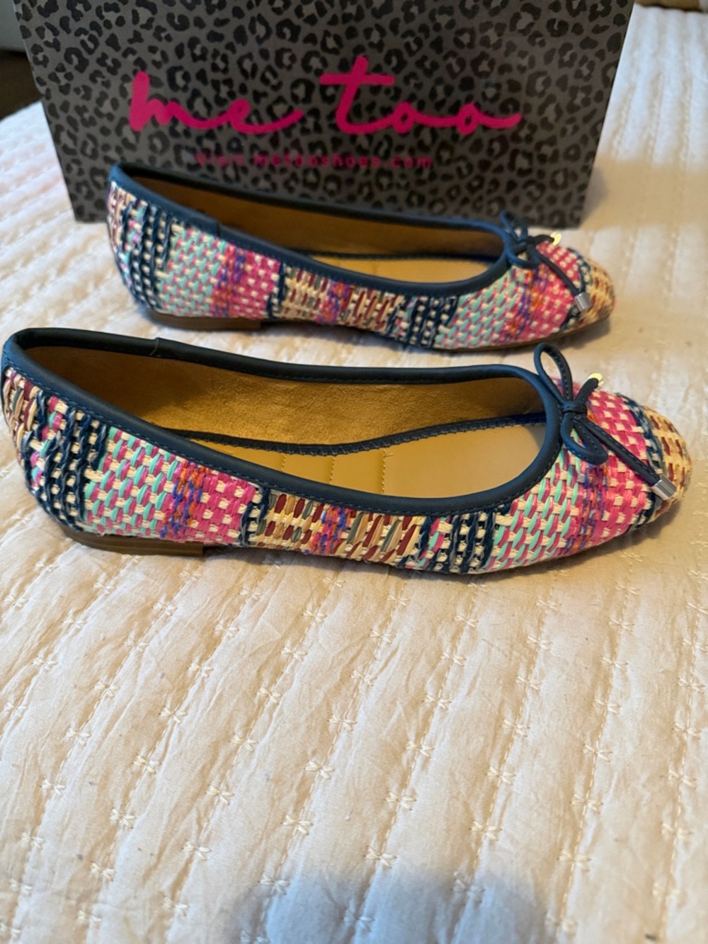 "me too" Pink Multicolor Woven Bow Ballet Flats with Navy Trim 6M    LOVE ❤️ NWT - Picture 2 of 8